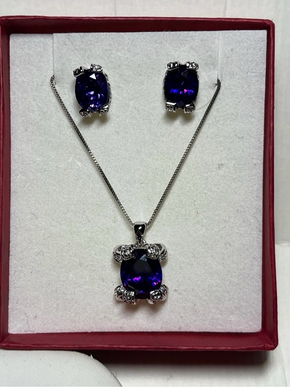 Silver Necklace and Earring Set with Deep Purple Stone